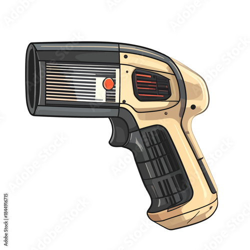 Retro Futuristic Handheld Device with Orange Button and Gripped Handle on White Background