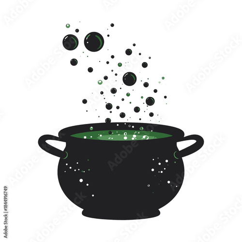 Black Cauldron Bubbling Green Potion With Smoke And Sparkles On White Background, Fantasy Element