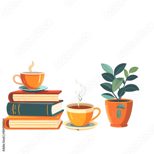 Cozy Still Life Composition of Stacked Books Two Cups of Hot Coffee and a Potted Plant on a White Background