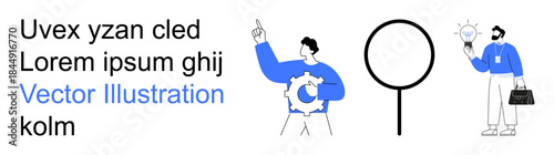Teamwork, innovation, creativity, search functionality, brainstorming, and solution development. Figures holding gear, magnifying glass and light bulb. Teamwork and innovation concept