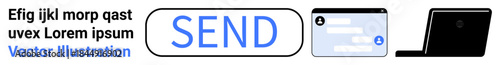 Digital communication, messaging, interface design, online services, data exchange, mobile apps. Main elements include a send button, chat message interface and laptop icon. Digital communication