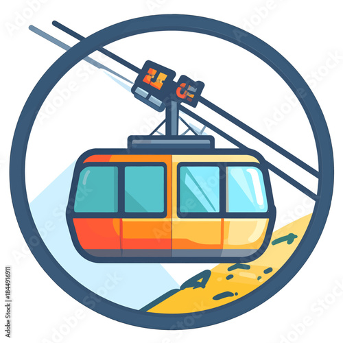 Cable Car Ascending Mountain With Scenic Views Blue Sky Orange Yellow Cabin Dark Blue Circle Frame