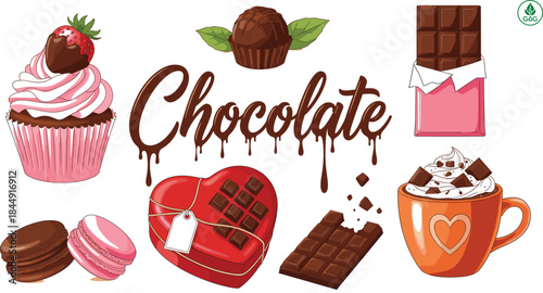 Delicious vector collection of chocolate-themed sweets and desserts, featuring truffles, heart-shaped boxes, a dripping chocolate bar, macaroons, and a strawberry cupcake.