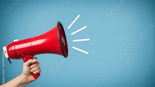 A hand holding a red megaphone on a blue background with white lines