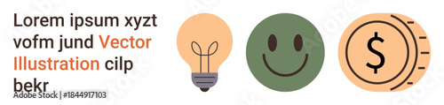 Innovation, creativity, happiness, financial growth, ideas, economy. ion of a light bulb, happy face and coin with dollar symbol. Innovation and happiness for conceptual use