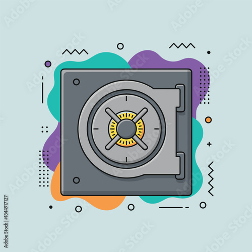 Illustration of a secure bank vault with combination lock.