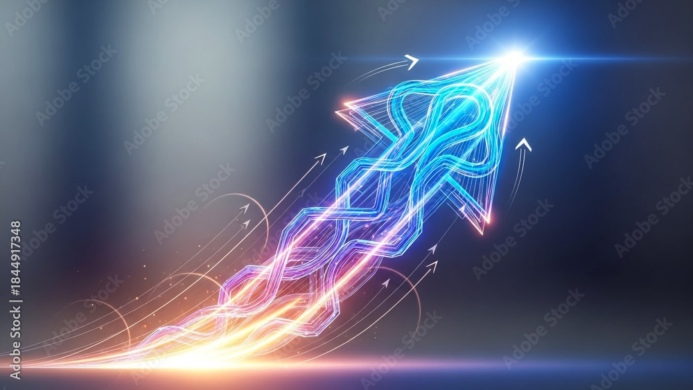 Fototapeta premium Glowing blue arrow with neon lines and light trails on dark background