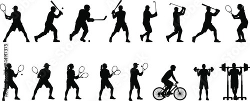 Vector Illustrations of People Boxing, Playing Tennis, Golf, Hockey, and Exercising for Health