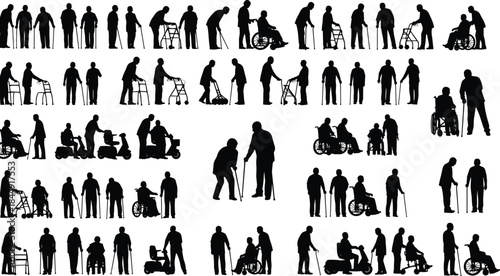 Vector silhouette collection of elderly people walking with canes, wheelchairs, walkers, and caregivers, set of disabled seniors men and women isolated on white background