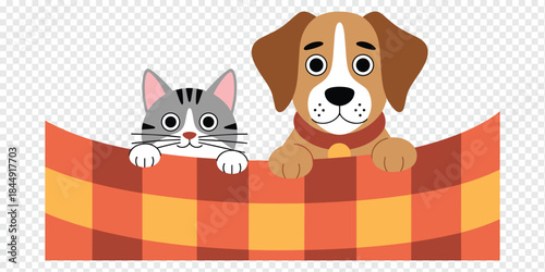 Cute Cat and Dog Peeking Over Plaid Blanket Cartoon
