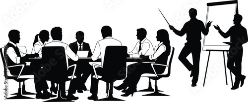 Vector Silhouettes of Business People in a Meeting, Professional Team Discussion and Presentation at the Table, Male and Female Figures Isolated on White Background for Corporate Design.
