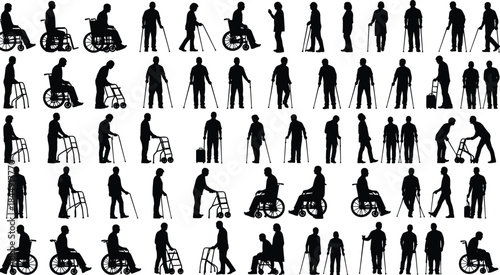Vector Silhouettes of Disabled Senior People Set, Elderly Men and Women with Wheelchair, Cane, Crutches, and Walker, Isolated Figures on White Background for Health Care Design