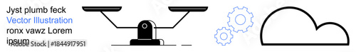Balance, decision-making, cloud computing, equality, engineering, processes. Minimalist scale, outlined cloud and interlocking gears. Balance and decision-making concept