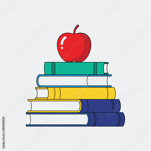 Stack of colorful books topped with a vibrant red apple.