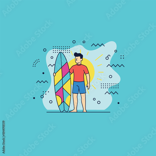 Illustration of a surfer with a colorful surfboard on a sunny day.