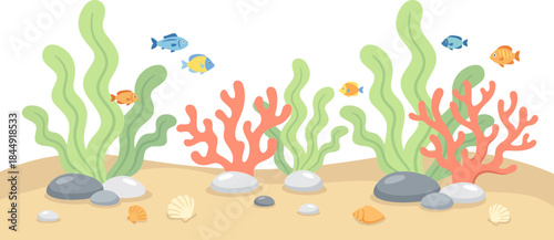 Colorful Underwater Scene Featuring Coral Reefs and School of Small Fish with Clear Aquatic Environment