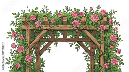 Charming wooden garden arbor surrounded by blooming pink roses and lush greenery with a black background for contrast