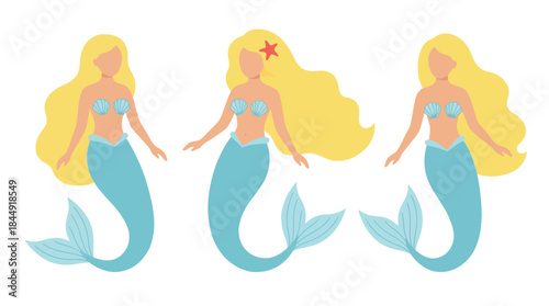Cute cartoon mermaids with flowing hair and shimmering tails on a black background illustrating mythical aquatic characters