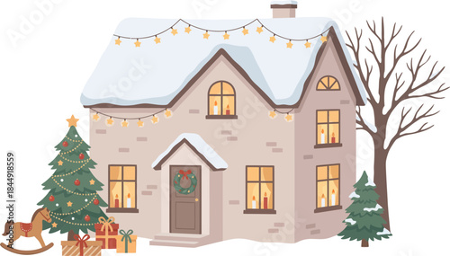 Cozy winter holiday scene featuring a festive decorated house with warm lights and snow-covered trees against a dark night background