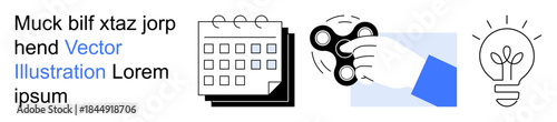 Innovation, productivity, brainstorming, organization, time management, creative thinking. A hand holds a spinner beside calendar and bulb icons. Innovation and productivity visualization
