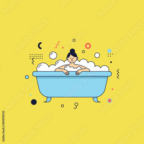 Woman Relaxing in a Bubble Bath with Abstract Background.