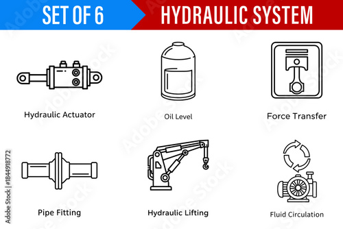 A set of six outline icons representing essential components and functions of a hydraulic system for engineering diagrams
