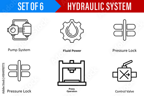Set of 6 hydraulic system line icons featuring pump system fluid power pressure lock press operation and control valve engineering design