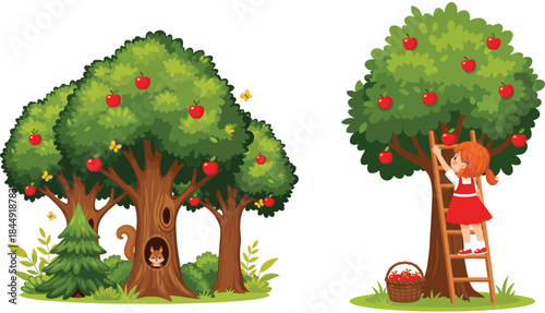 Charming vector illustration set depicting apple trees in an autumn forest, a little girl harvesting fruit from a ladder, and a cute squirrel in a tree hollow.