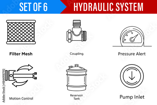 Set of six black line art icons illustrating key components of a hydraulic system including filter mesh and pump inlet