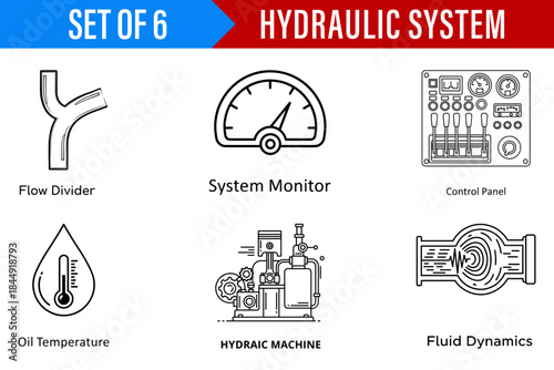 A collection of hydraulic system line art icons featuring flow divider, control panel, and fluid dynamics