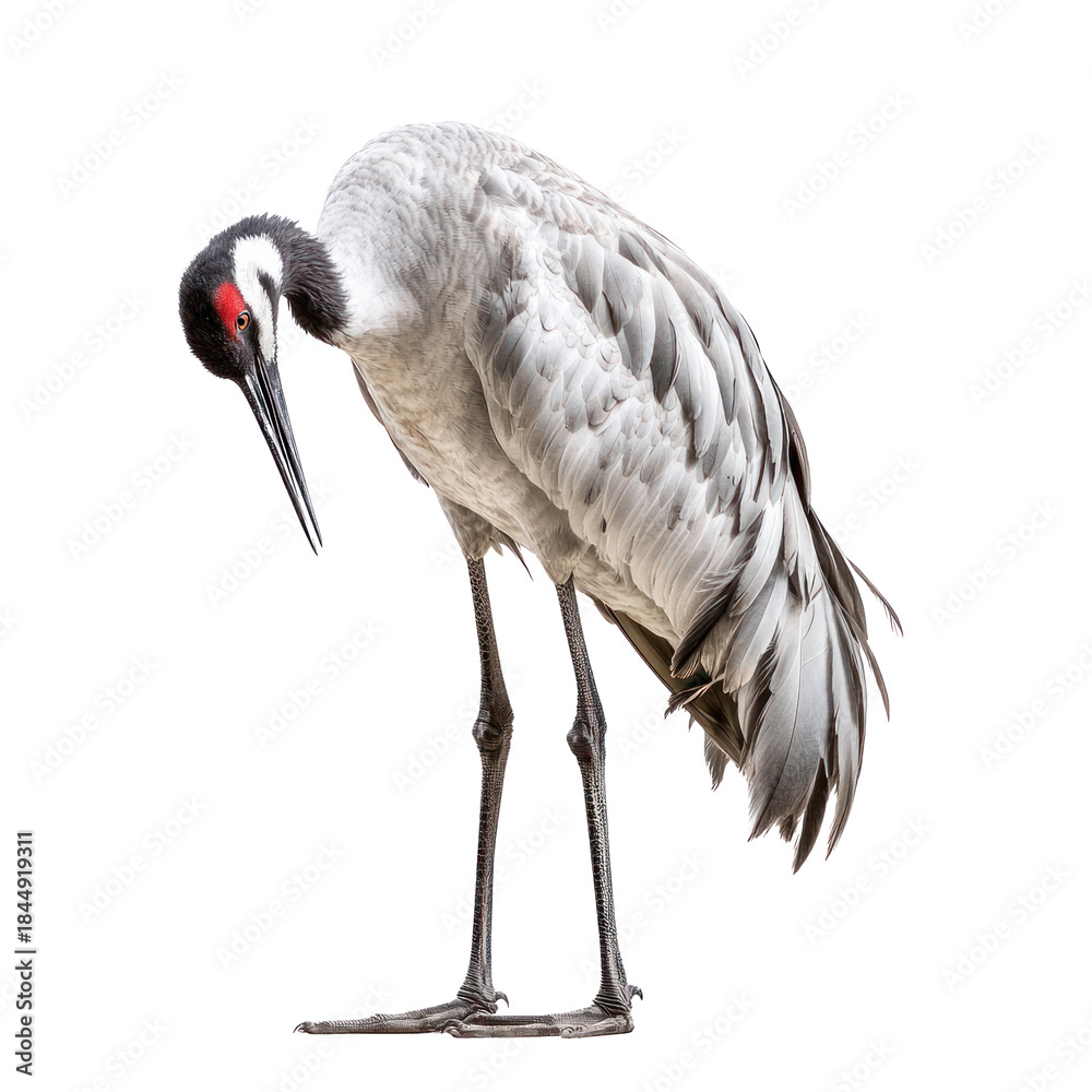 Fototapeta premium Crane preening crane uses its beak to clean or arrange its feathers. full length isolate on transparent background