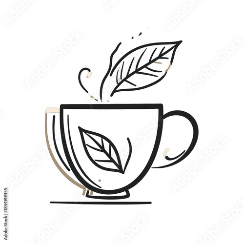 Hand Drawn Sketch Of A White Cup Filled With Steaming Tea And Two Green Leaves On A White Background