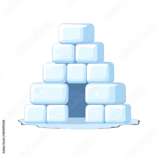 Pixel Art Igloo Structure Made Of White Snow Blocks With A Dark Blue Entrance On A White Background
