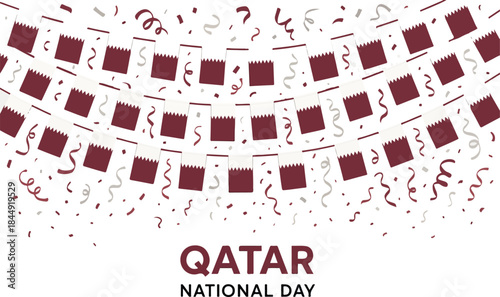 Qatar National Day celebration with maroon and white flag bunting and confetti festive background for national events and holidays