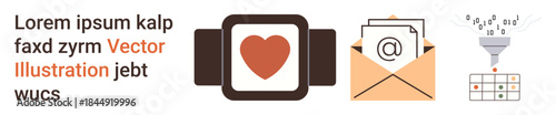 Digital communication, wearable technology, email management, data processing, organization, technology trends. Envelope with email symbol, smartwatch with heart icon data funnel . Digital