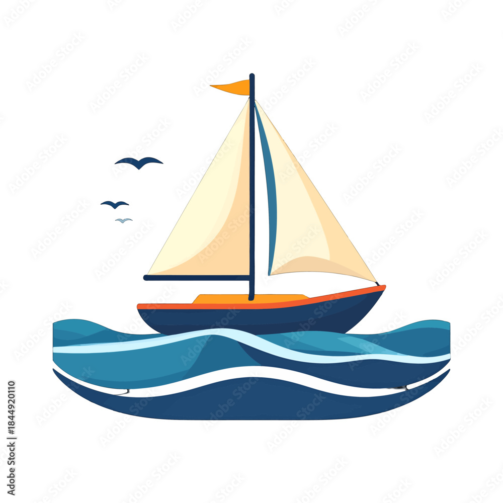 Fototapeta premium Elegant Sailboat Gliding on Blue Wavy Ocean Under Clear Sky with Distant Birds and Orange Flag