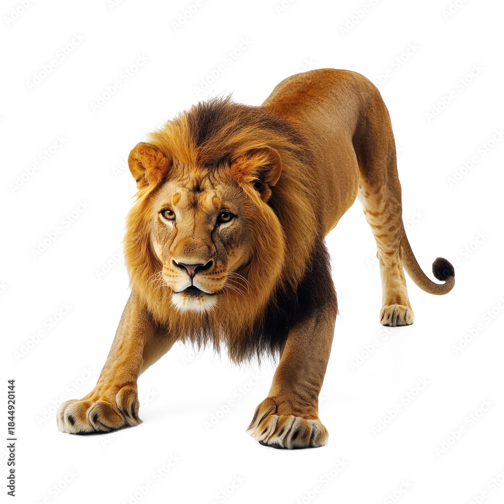 Obraz premium Lion stretching A lion stretches its front legs forward, arching its back with tail straight. full length isolate on transparent background