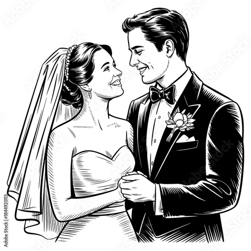 Newlywed couple holding hands woodcut drawing