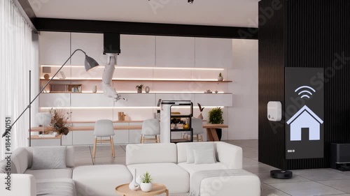 Futuristic smart home living room with a robotic arm, a service robot, and a vacuum robot, showcasing advanced home automation and AI technology- 3D rendering