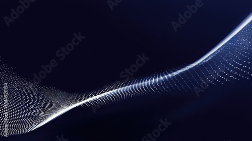 Dark navy abstract tech background with sweeping band of glowing digital particles