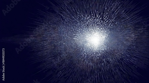 Deep navy blue background with bright circular data burst made of glowing particles for science and technology themes
