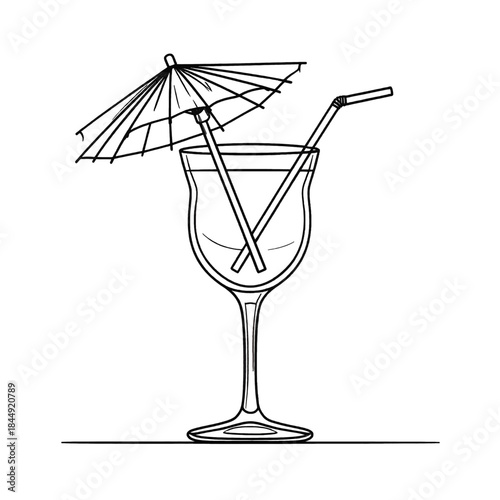 Simple Line Art Drawing of a Tall Glass Filled with Drink Topped with Paper Umbrella and Straws on a Flat Surface