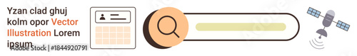 Data management, web search, identification tools, technology, satellite communication, scheduling. Search bar with calendar and satellite icon. Data management and web search