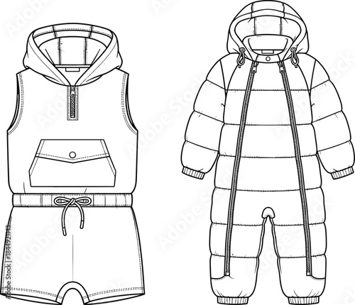 Kids Hooded Romper Jumpsuit and Puffer Snowsuit Technical Fashion Illustration Drawing Vector Mockup for Designer Apparel Clothing CAD Template Childrenswear