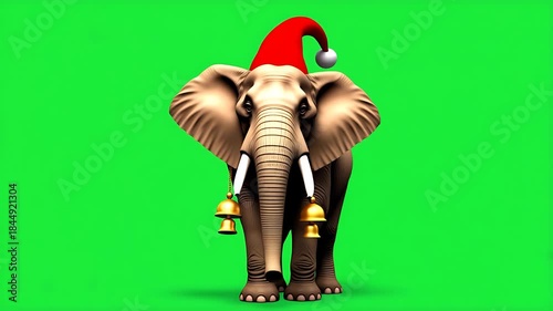 Jolly Elephant in Santa Hat and Bells on Green Background for Christmas