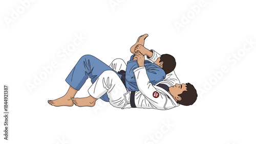 Martial arts training with two practitioners demonstrating techniques on a white background