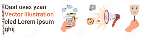 Digital marketing, online payments, anonymous identity, financial transactions, social media, advertising trends. Hand holding a phone, megaphone currency and a mask on a stick. Digital marketing