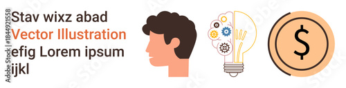 Creativity, innovation, finance, economic growth, brainstorming, problem-solving. A human head beside a light bulb and dollar sign. Creativity and finance concept in modern design