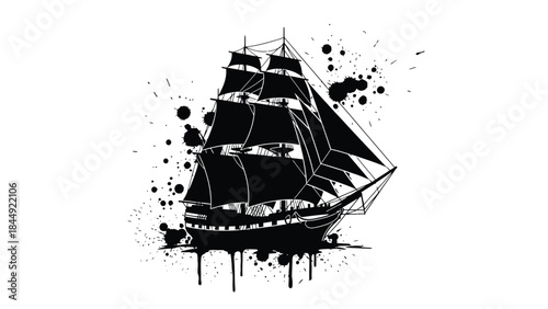 A striking black and white illustration of a vintage sailing ship with paint splatter