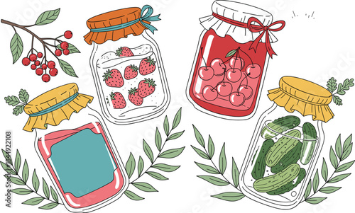 Hand-drawn vector collection of glass jars filled with homemade preserved fruits and vegetables, including strawberry jam, pickled cucumbers, and cherry preserves, isolated on white background.
